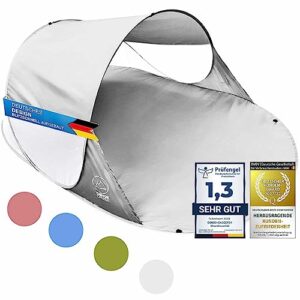 Weißes CANYON CRUISE Strandmuschel Pop Up Zelt mit UV-Schutz, ideal für Strand und Outdoor-Aktivitäten, bietet Schutz vor Sonne, Wind und Regen.