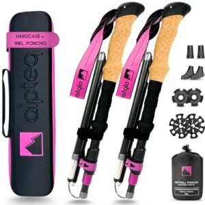Zwei faltbare Wanderstöcke aus Carbon mit Korkgriffen in stylischem Design, ergonomisch und rutschfest, in einem Outdoor-Set mit Zubehör für Trekking und Nordic Walking.