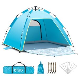 Automatische Pop Up Strandmuschel für 1-3 Personen mit UV Schutz 50+, ideal für Strand, Garten und Picknick, zeigt ein leichtes und farbenfrohes Zelt in Blau mit zusätzlichem Vordach.