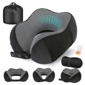 Ergonomisches Nackenkissen aus Memory Foam für Reisen, tragbar und inklusive Ohrstöpseln und Schlafmaske, in schwarzem Samt mit blauem Netzmaterial für optimale Belüftung.
