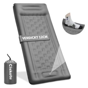 Selbstaufblasende Isomatte mit 12 cm Dicke in Grau, ideal für Camping und Outdoor-Aktivitäten. Komfortables Design mit Kopfstütze und rutschfester Oberfläche.