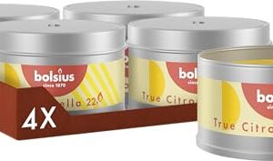 Set von vier Citronella Outdoor Kerzen in Metallbehältern für Garten und Balkon, ideal zur Insektenabwehr und für eine stimmungsvolle Außendekoration.