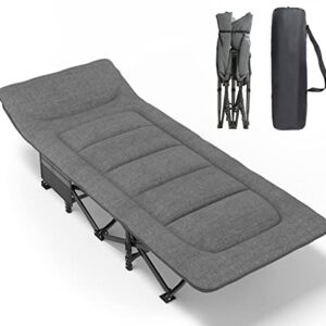 Faltbares Campingbett mit gepolstertem grauen Bezug und stabilem schwarzen Metallgestell, ideal für drinnen und draußen, bis 200 kg belastbar.