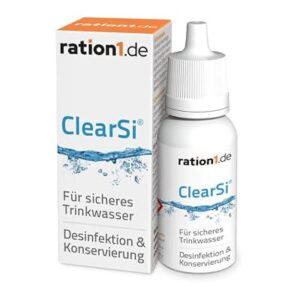 ClearSi Wasseraufbereitung für Trinkwasser in einer 12ml Flasche mit Tropfeneinsatz zur sicheren Desinfektion von Wasser für Camping und Outdoor-Aktivitäten.