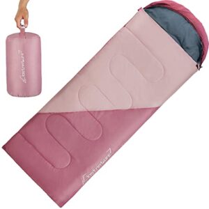 Clostnature Schlafsack für Erwachsene im aufgeklappten Zustand auf einer flachen Oberfläche, Farbe Zartrosa mit grau und einem kompakten Packsack für optimale Transportfähigkeit.