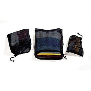Cocoon Nylon-Netztasche aus schwarzem Netzmaterial, ideal für Einkauf, Sport und Reisen, zeigt drei verschiedene Größen von praktischen Aufbewahrungsbeuteln.