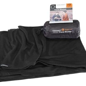 Cocoon Reisedecke aus Merinowolle und Seide in Schwarz, ideal für Reisen, Camping und Zuhause, mit kompakter Verpackung.