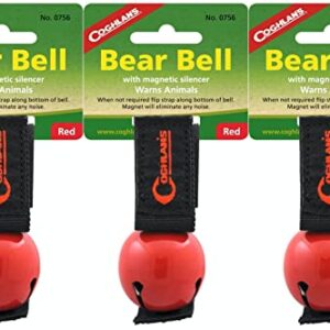 Coghlan's Bear Bell mit magnetischem Schalldämpfer im 3-Pack in leuchtendem Rot, ideal für Outdoor-Aktivitäten und zum Schutz vor Bären.