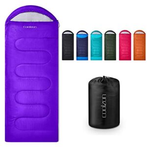 Coolzon Schlafsack für Outdoor, Camping und Reisen in lila, geräumig und komfortabel, ideal für 3-4 Jahreszeiten mit praktischer Tragetasche.