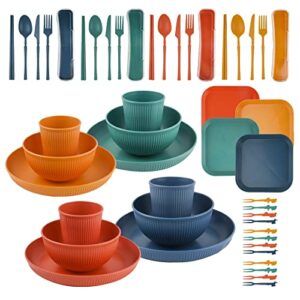 48-teiliges Camping Geschirr Set in vier Farben mit Tellern, Schalen, Tassen und Besteck für Picknicks und Outdoor-Aktivitäten.