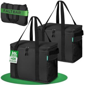 Cottara Kühltasche Groß 2er Set aus recyceltem Material in Schwarz, faltbar und mit stabilen Griffen, ideal für Einkäufe, Picknicks und Camping. Die Taschen bieten ein Volumen von 30 Litern und eine Kühlzeit von bis zu 6 Stunden.