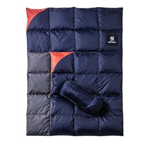 Wasserabweisende Daunen Campingdecke in Dunkelblau mit praktischem Transportroll, ideal für Outdoor-Aktivitäten wie Camping und Wandern, Größe 195 x 135 cm.