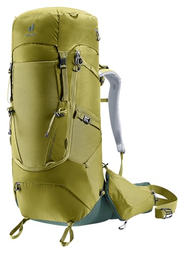 Deuter Aircontact Core 60+10 Trekking Rucksack in olivgrün, ideal für Outdoor-Aktivitäten wie Wandern und Trekking, mit ergonomischem Design und vielen praktischen Funktionen.