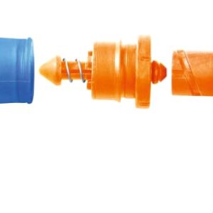 Transparentes Mundstück Trinksystem mit blauem Kappenähnlichen Teil, orangefarbenem Verbindungsstück und transparentem Schlauch, optimal für Outdoor-Aktivitäten.
