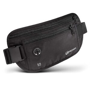 Schwarze diebstahlsichere Bauchtasche mit RFID-Schutz, flach und bequem unter der Kleidung tragbar, ideal für die sichere Aufbewahrung von Wertsachen während Reisen.