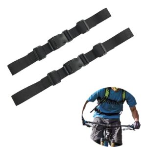 Zwei schwarze, verstellbare Gurte aus robustem Material mit Kunststoffschnallen, ideal für Rucksäcke beim Wandern und Joggen.