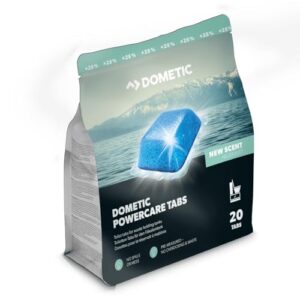 DOMETIC Power-Care Tabs für effiziente Reinigung von Camping-WCs und Chemietoiletten, verpackt in einer lichtdurchlässigen Folie mit blauen Tabs für Geruchsneutralisation und Fäkalienauflösung.