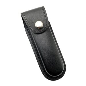 Schwarze Leder Messertasche mit Klappverschluss und Gürtelschlaufe zur sicheren Aufbewahrung von Klappmessern.