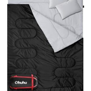 Ohuhu Doppelschlafsack für zwei Personen in modernem Design, ideal für Camping und Outdoor-Aktivitäten, mit zwei Kissen und Tragetasche.