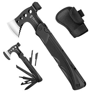 Multifunktionale DRAGON CREEK Camping Axt Beil mit 15 Funktionen, inklusive Hammer, Säge und Messer, ideal für Outdoor-Abenteuer.
