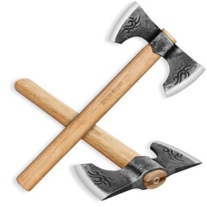 Dream Reach 2PCS Beil Axt Set mit doppelt geschwungenen Klingen und robustem Holzgriff für Outdoor-Abenteuer und Bushcraft Aktivitäten.