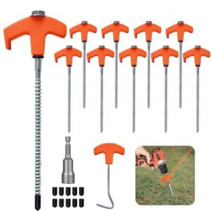 Set von 10 drehbaren Zeltheringen mit Gewinde in Orange, ideal für Camping und Outdoor-Aktivitäten auf harten Böden.