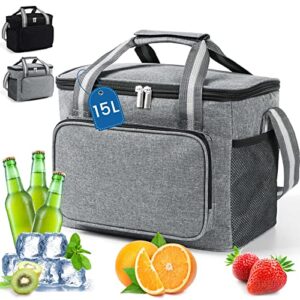 DUNSOO Kühltasche klein 15L in grau mit stabilen Griffen, ideal für Picknick, BBQ, Camping und Reisen. Zeigt Getränke und frische Früchte sowie praktische Fächer für die Aufbewahrung.