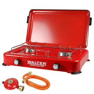 WALTER Duo Campingkocher mit zwei stufenlos regelbaren Brennern und kompaktem Design für Outdoor-Aktivitäten.
