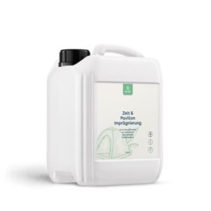 eco:fy Zelt und Pavillon Imprägnierung in einem weißen Kanister mit schwarzem Schraubverschluss, ideal zum Schutz von Outdoor-Ausrüstung vor Nässe und UV-Strahlen.
