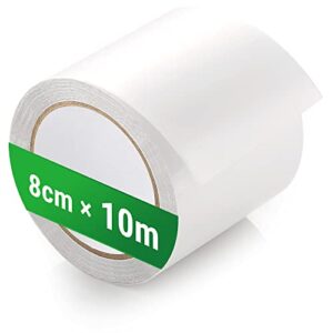Transparentes Zelt Klebeband in einer Rolle, ideal für die Reparatur von PVC-beschichteten Zelten und anderen Materialien. Mit einer Breite von 8 cm und einer Länge von 10 m, auf einer weißen Oberfläche abgebildet.