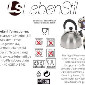 Nostalgischer Edelstahl Flötenkessel mit 2,5 Litern Fassungsvermögen, klappbarem Griff und abnehmbarem Deckel, ideal für Camping und Outdoor-Aktivitäten.