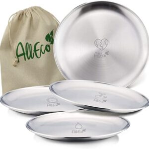 AllEco® Edelstahl Camping Teller Set mit vier 30 cm Ø Tellern, ideal für Picknick und Outdoor-Aktivitäten, umweltfreundlich und nachhaltig.
