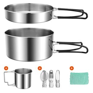Faltbarer und stapelbarer Edelstahl Camping Topf und Kochgeschirrset für Outdoor-Aktivitäten, inklusive Messbechern und Küchenutensilien.