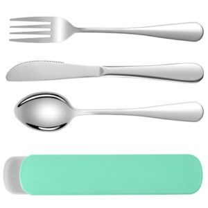 4-teiliges Campingbesteck Set aus Edelstahl bestehend aus Gabel, Messer und Löffel in mintgrünem Etui, ideal für unterwegs, Reisen und Outdoor-Aktivitäten.
