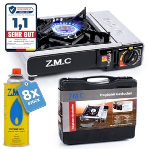 Z.M.C Edelstahl Campingkocher mit Piezozündung und 1 Flamme, ideal für Camping und Outdoor-Aktivitäten, inklusive Aufbewahrungskoffer und 8 Gaskartuschen.