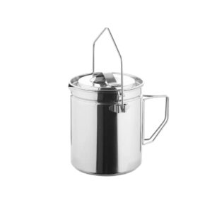 Edelstahl Campingtopf mit Dampfkorb und faltbarem Griff, ideal für das Kochen im Freien beim Camping oder Grillen. Der Topf hat eine glänzende Oberfläche und ist leicht und tragbar.