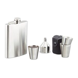 Edelstahl Flachmann Set mit 200 ml Flachmann, Trichter und vier Bechern, ideal für Camping und Festivals, in eleganter schwarzer Halterung