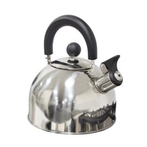 Edelstahl Flötenkessel für Camping, Wandern und Picknick mit ergonomischem Bakelitgriff und eleganter Silhouette, ideal für heiße Getränke im Freien.