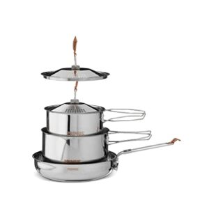 Primus Edelstahl Kochtopfset Campfire Large mit drei ineinander stapelbaren Töpfen für Outdoor-Kochen. Ideal für Camping, Grillen und Platzersparnis.
