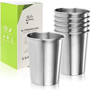 Sechs hochwertige Edelstahl-Trinkbecher in Silber, ideal für Camping und Outdoor-Aktivitäten, präsentiert in einer umweltfreundlichen Verpackung.