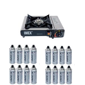 Robuster Edelstahl-Gaskocher für Outdoor-Aktivitäten mit 16 Gaskartuschen und Tragekoffer, perfekt für Camping und Grillen.