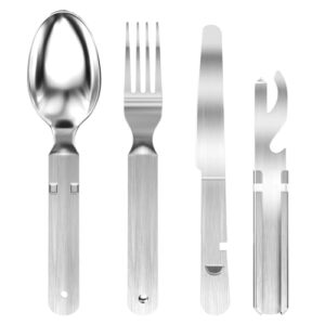 4-teiliges Campingbesteck Set aus Edelstahl: Gabel, Messer, Löffel und multifunktionales Utensil, ideal für Outdoor-Aktivitäten, Picknicks und Reisen.