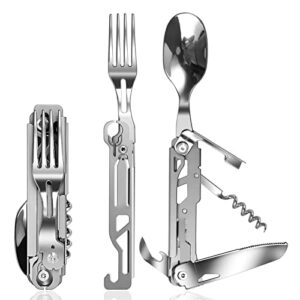 Multifunktionales ZIMAIC Edelstahl Besteckset 5 in 1 als Klappbesteck mit Gabel, Messer, Löffel, Korkenzieher und Dosenöffner, perfekt für Camping und Outdoor-Aktivitäten.