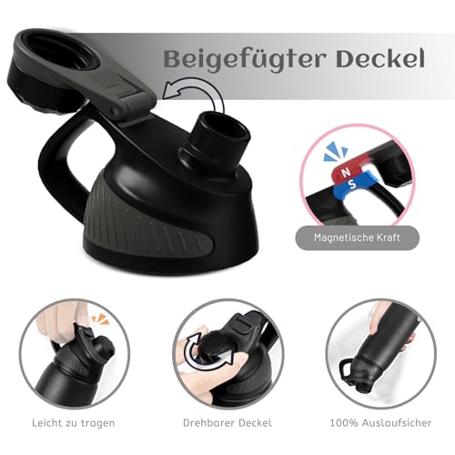 Fjbottle Edelstahl Trinkflasche in Schwarz mit magnetischem Deckel und ergonomischem Design, auslaufsicher und BPA-frei, ideal für Sport und Outdoor-Aktivitäten.