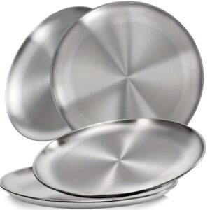 Set mit 4 runden Edelstahltellern mit 20 cm Durchmesser, ideal für Camping, Picknick und Küche.