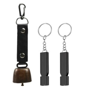 EIHI Glocke aus Metall mit Lederband und zwei schwarzen Notpfeifen für Outdoor-Abenteuer und Tiere.