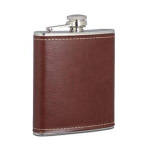 Eleganter Flachmann aus Edelstahl mit brauner Kunstlederhülle, 200ml Taschenflasche für unterwegs