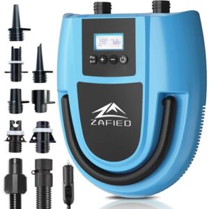 Elektrische Luftpumpe mit 20 PSI Hochdruck, tragbar und intelligent mit LCD-Display für Paddelboards und Schlauchboote, in Blau.