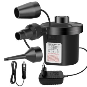 Elektrische Luftpumpe für Luftmatratzen und aufblasbare Produkte mit verschiedenen Düsen und Steckdosenanschluss, kompakt und tragbar.