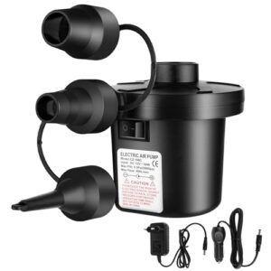 Elektrische Luftpumpe für Luftmatratzen und aufblasbare Produkte mit zwei Schläuchen und Netzadapter, ideal für Camping und Freizeitaktivitäten.